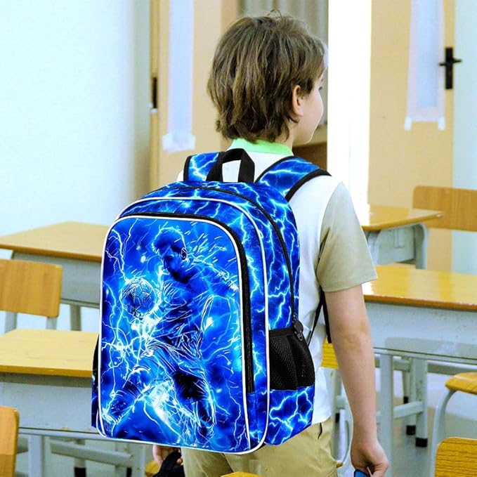 KLFVB 3PCS Backpack for Boys, 17" Football Bookbag and Lunch Box, Water Resistant Teenagers School Backpacks for Middle Elementary - Lightning Soccer