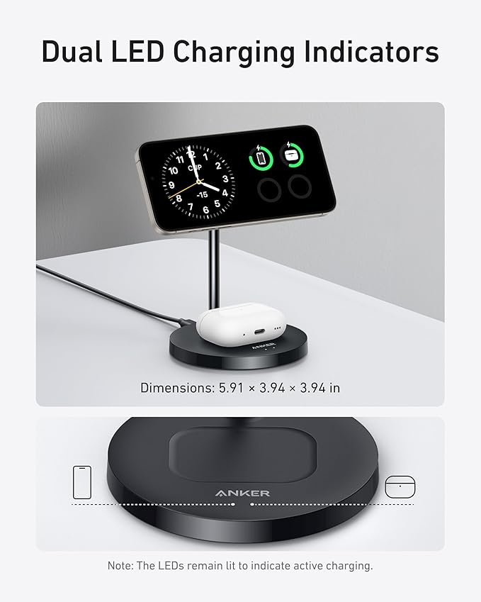 Anker MagSafe Compatible MagGo Charger Stand, iPhone 17 Wireless Charger, 2-in-1 Charging Station, Qi2 Certified 15W Fast Charging, for iPhone 17/16/15/14/13/12, AirPods Pro (Black, No Adapter)