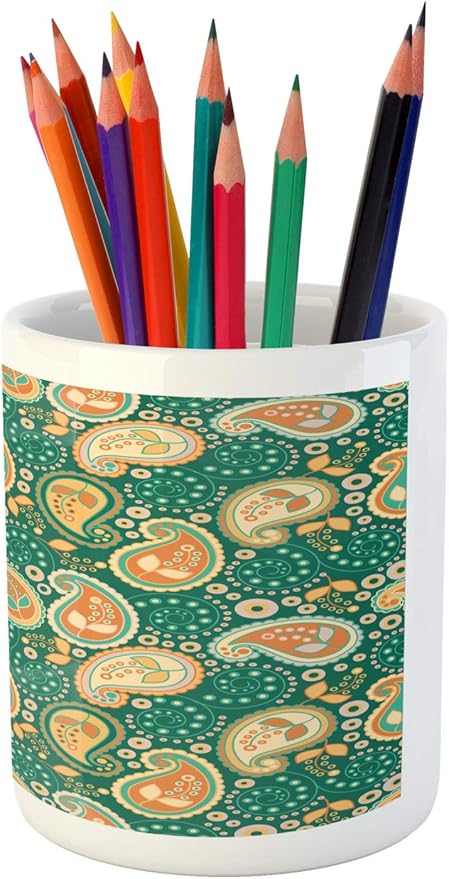 Ambesonne Ethnic Pencil Pen Holder, Paisley Leaves with Folkloric Features Floral Pattern, Printed Ceramic Pencil Pen Holder for Desk Office Accessory, Apricot Hunter Green