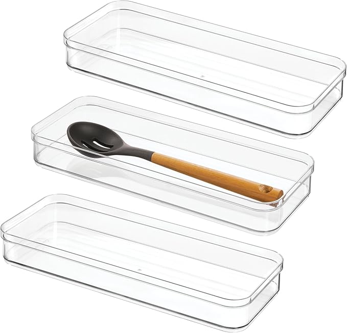 iDesign Plastic Drawer Organizer Bins - Storage for Kitchen, Bathroom, and Desk Drawers - Set of 3 - Clear