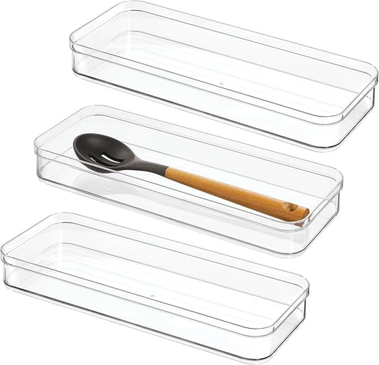iDesign Plastic Drawer Organizer Bins - Storage for Kitchen, Bathroom, and Desk Drawers - Set of 3 - Clear