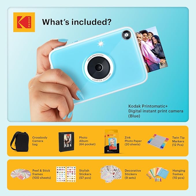 Kodak Printomatic+ Full Color Instant Print Digital Camera Gift Bundle + Case + Zink 2x3 Sticky Back Photo Paper 20pk + Album + Sticker Sets + Sticker Frames + Hanging Frames + Markers - Blue
