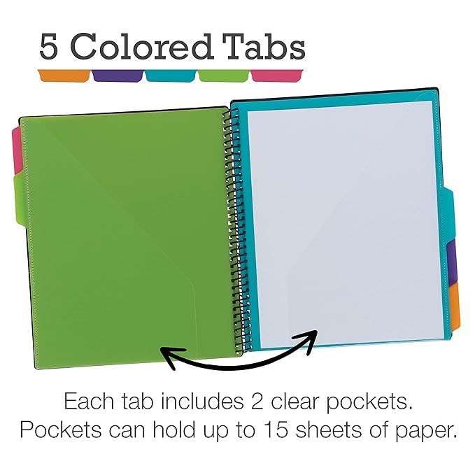 Samsill Spiral Folder Organizer (2-Pack) - 5 Dividers & 10 Pockets with Zipper Pouch, Multi Pocket Color Cordinated Folder Binder with Customizable Tabs, Document Organizer (Fashion)