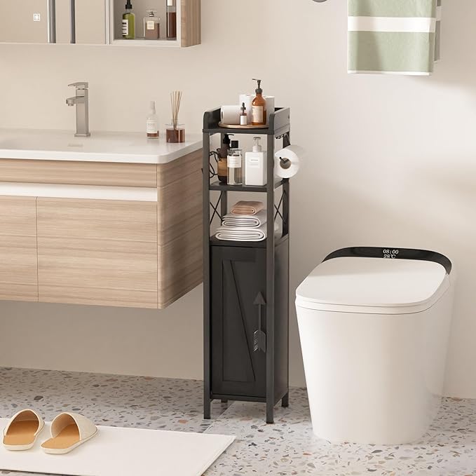 VECELO Small Bathroom Cabinet,Slim Toilet Paper Holder with Door&Metal Scroll, Upgraded Narrow Storage Organizer for Restroom Bathroom Tiny Space,Fenced Top Waterproof Coating,Black