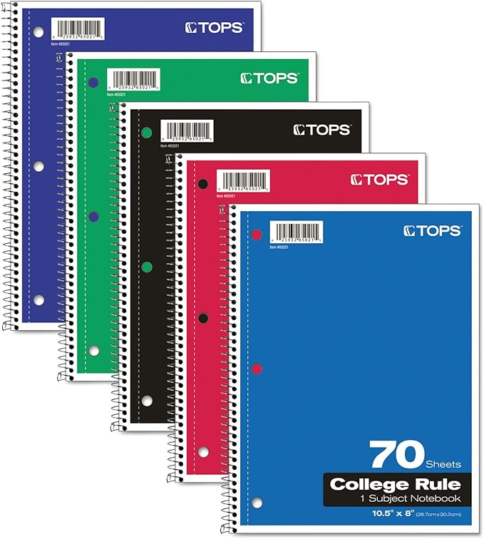 Oxford Spiral Notebook, 1-Subject, College Ruled Paper, 70 Sheets, Color May Vary, 1/Notebook (65021) (Pack of 1)