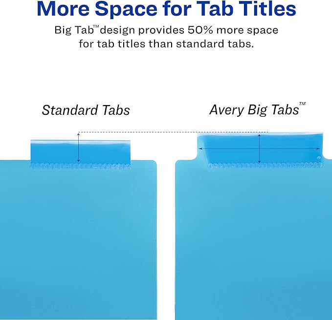 Avery Big Tab Insertable Plastic 2 Pocket Dividers for 3 Ring Binders, 8 Tab Set, Bright Two-Tone Multicolor, Works with Sheet Protectors, 1 Set (11989)