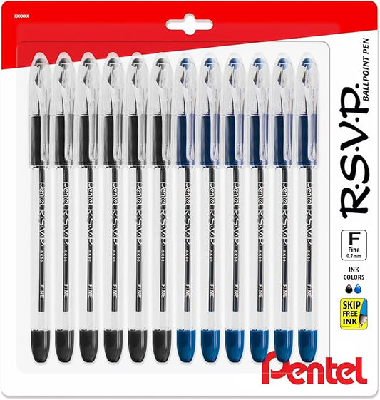 Pentel RSVP Ballpoint Pens, 0.7mm Fine Point, 6 Black & 6 Blue Ink Pentel Pens, Pack of 12