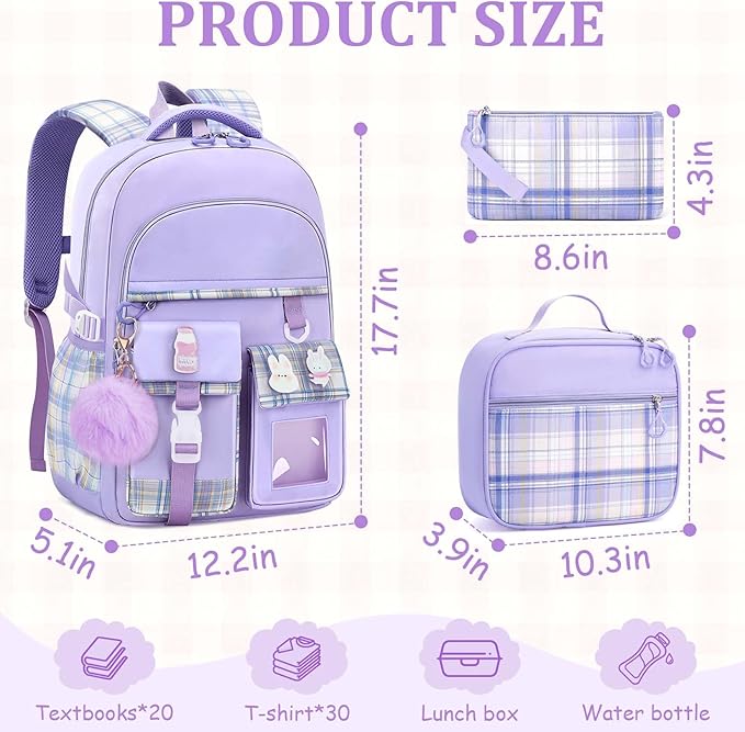School Backpack for Girls - 5PCS Girls Backpack with Lunch Box Set for Elementary, Middle and High School Students - 18" Large Capacity School Bookbag with Multiple Pockets