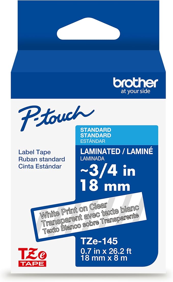 Brother Genuine P-Touch TZe White Print on Clear Label Tape (TZe145), Laminated,3/4in x 26.2ft (18mm x 8m), for Select P-Touch Label Makers, Durable, Water-Resistant, Indoor/Outdoor Use