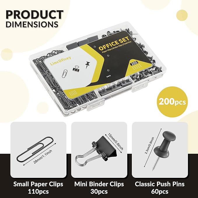 200pcs Paper Clips Binder Clips and Push Pins Set, Mini Clips and Thumb Tacks for Multipurpose Document Organization (Black)