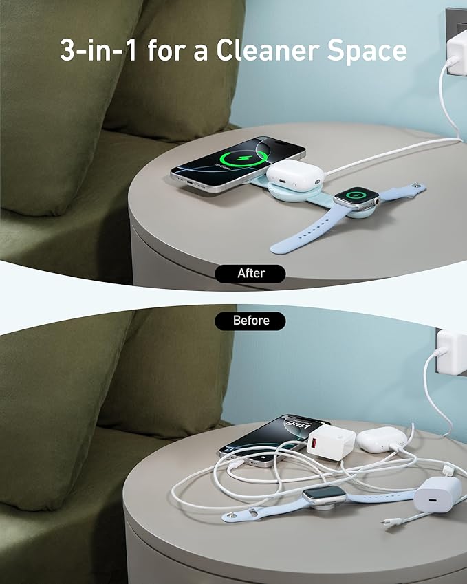 Anker MagSafe Compatible MagGo UFO 3-in-1 Charger, iPhone 17 Wireless Charging Station, 15W Qi2 Certified, Foldable Travel Charging Pad, for iPhone 17/16/15/14, AirPods, Apple Watch (Not a Power Bank)