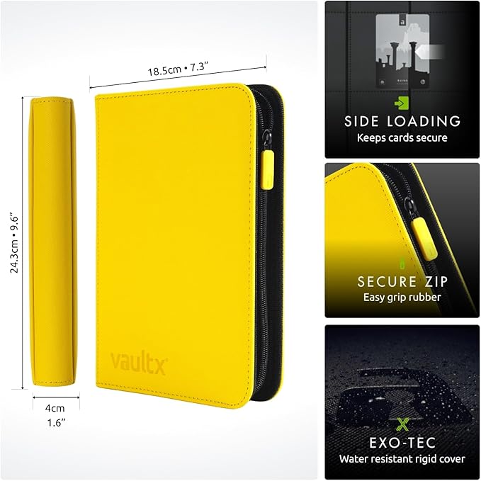 Vault X 4 Pocket Trading Card Zip Binder, 160 cards, Premium Exo-Tec Album Material, 20 Side-Loading Pages, Folder for Collectible Card Games, Sports, TCG (Yellow)