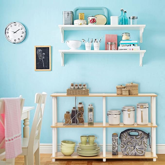 Furinno TURN-N-TUBE Storage Shelves, 3-Tier 47.4 Wide Book Shelf, Corner Shelf, Toolless Open Shelves, for Organization and Storage, Living Room, Garage, Home Office, Beech