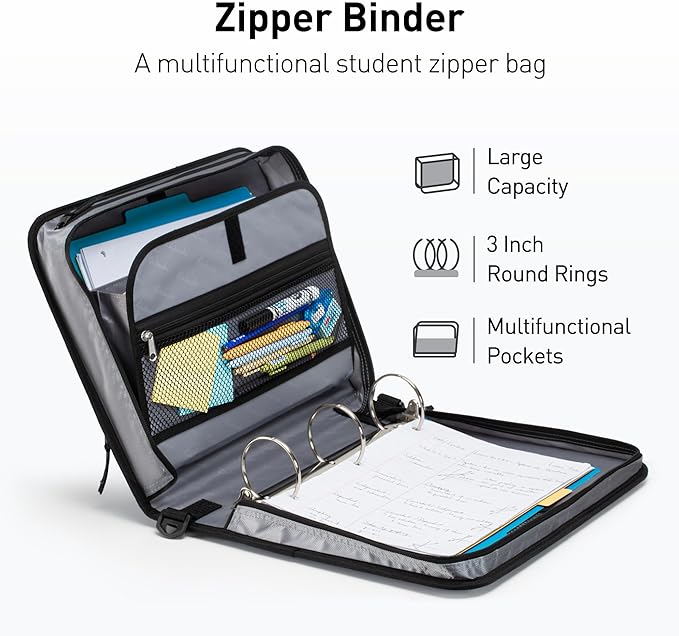 Round Ring 3-Inch Zipper Binder, Designed with Expanding Files and Handle, Shoulder Strap Included, Black