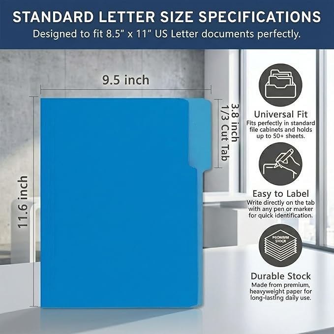 100 Packs Blue File Folder,1/3-Cut Tabs,File Folders Letter Size,8.5x11 Inch File Folders for Office,School and Home,Organizer Documents