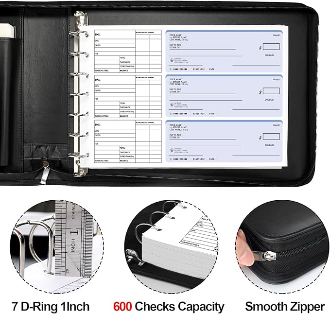 SUNEE Zippered Business Checkbook Binder 7 Ring 1 Inch with Zipper for Business Checks (9" x 13"), PU Leather Check Binder Holds 600 Checks Capacity for Executive Supplies, Black