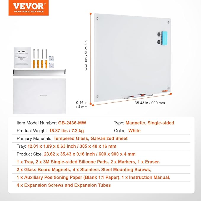 VEVOR Magnetic Glass Writing Board, Erasable 36"x24" Surface, Frameless Design for Wall, Includes Marker Holder, a Cleaning Tool, and 2 Writing Pens, White