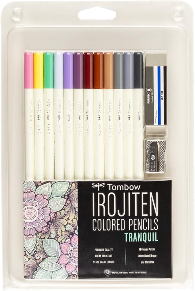 Tombow 51529 Irojiten Colored Pencil Set, Tranquil. Includes 12 Premium Colored Pencils, Sharpener, and Colored Pencil Eraser