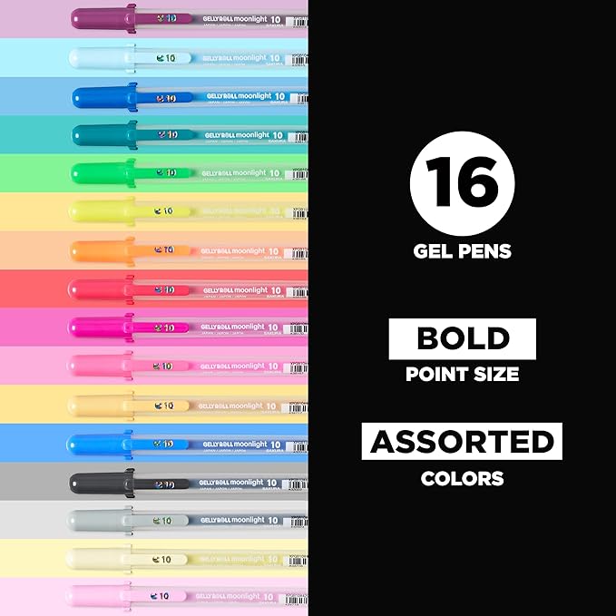 SAKURA Gelly Roll Moonlight 16 Pack, 10 Bold point, Bright Opaque Ink Gel Pens, Creamy Smooth Ink, Writes on Dark Paper