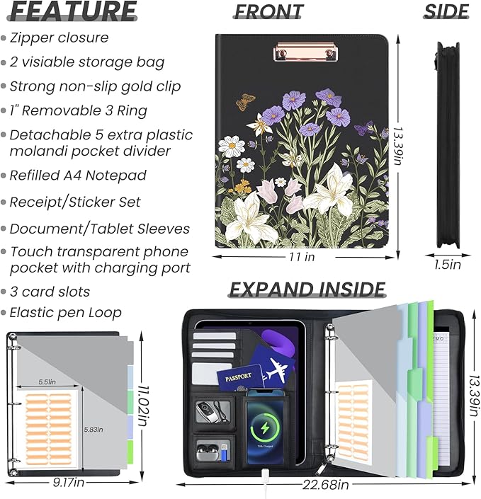 Clipboard with Storage for Men Women, Leather Padfolio Portfolio with Zipper, 1 Inch 3 Ring Binder 5 Dividers, Notepad for Letter Size, Elastic Closure and Pen Loop, Card Slot Black Flower
