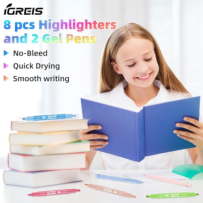 Dual Tip Aesthetic Highlighters 8 Colors and 2 Pcs 3 in 1 Multicolor Gel Pens 6 Colors Ink, Chisel & Fine Tips, No Bleed, Cute Bible Highlighters Assorted Colors for Journaling Textbook
