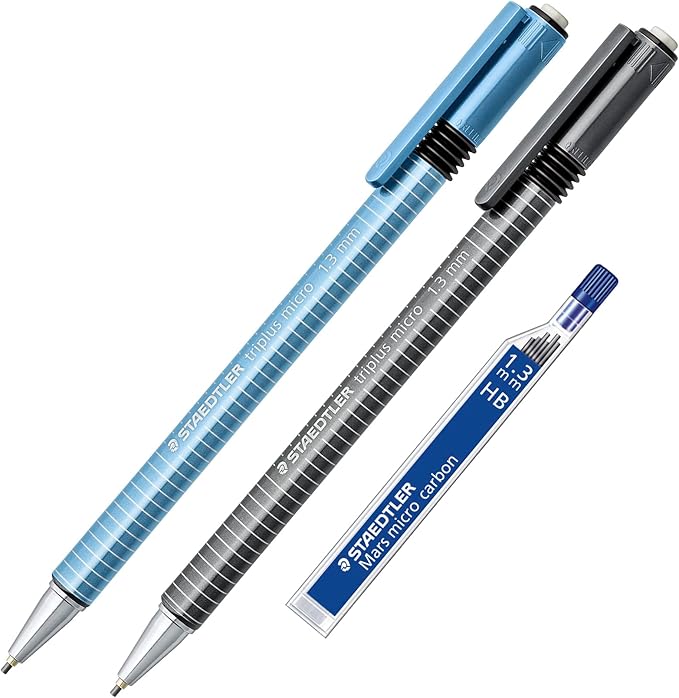 STAEDTLER Triplus Micro Mechanical Pencils, 1.3mm #2 Lead with Twist Eraser, Ergonomic Triangular Grip, Includes 6 Refills, Break-Resistant Lead, 2-Pack