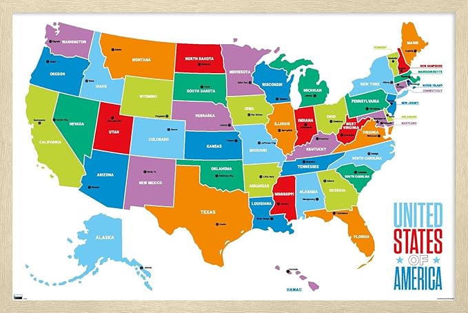 Trends International Map - United States Of America 2022 Wall Poster, 22.4L x 14.7W, Blonde Framed Version