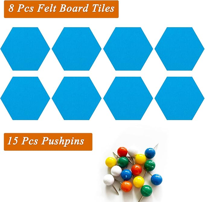 8 Pcs Hexagon Felt Cork Bulletin Board Tiles, Self Adhesive DIY Bulletin Board Pin Board for Office School Home Wall Decor Memos Photos Display(Bright Blue)