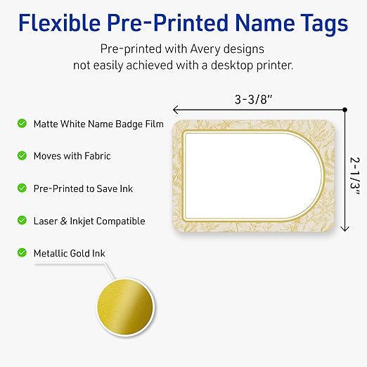 Avery Printable Adhesive Name Badges, 2-1/3" x 3-3/8", Pre-Printed Arched Metallic Gold Florals Design, Matte White, Laser & Inkjet Compatible, 80 Total