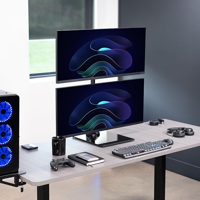 VIVO Dual Monitor Desk Stand with Tempered Glass Base, Free-Standing LCD Mount, Holds in Stacked Vertical Position 2 Ultrawide Screens up to 34 inches, Black, STAND-V002LG