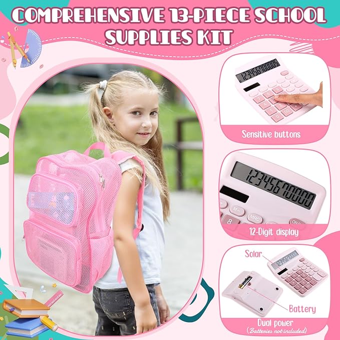 13 Piece Operation Christmas Bulk Item, 17" Mesh Backpack Semi Transparent Heavy Duty, Notebook for Holiday Donation(Pink)