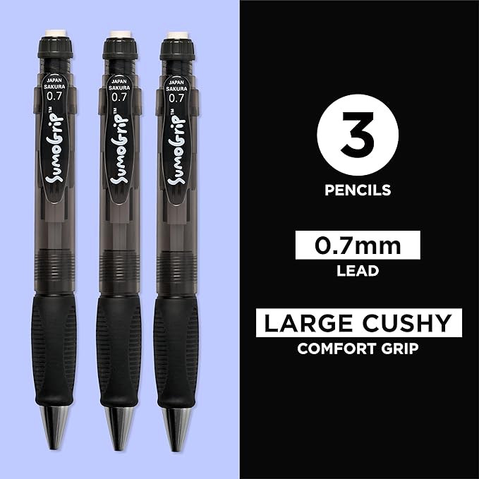 SAKURA SumoGrip Pencil with Comfort Grip - 0.7 mm Ergonomic Mechanical Pencil - Clear Gray - 3 Pack