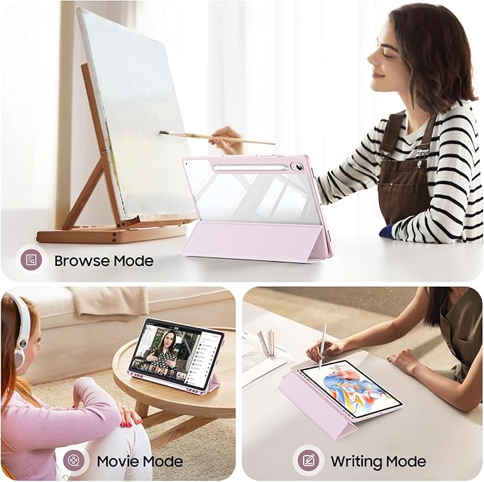 Fintie Hybrid Slim Case for Samsung Galaxy Tab S10 Lite/ S10 FE/ S9 FE 10.9 Inch/Tab S9 11 Inch with S Pen Holder, Shockproof Cover with Clear Transparent Back Shell, Auto Wake/Sleep, Pink