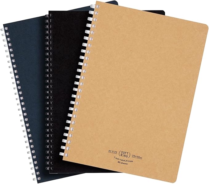Kokuyo D Shaped Soft Ring Notebook, 7mm Rule, 25 Lines, 80 Sheets, A5, Natural Style, Set of Black, Beige, Navy, Japan Import (SU-SV638A)