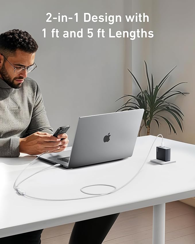 Anker Cable,6FT 2-in-1 USB C to USB C Cable 140W Max,Fast Charging for iPhone 17/17 Pro Max/16 Series,MacBook Air/Pro,and More(Braided,White)