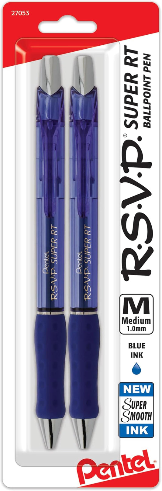 Pentel RSVP Super RT Ballpoint Pen, (1.0mm) Medium Line, Blue Ink, Pack of 2 (BX480BP2C)