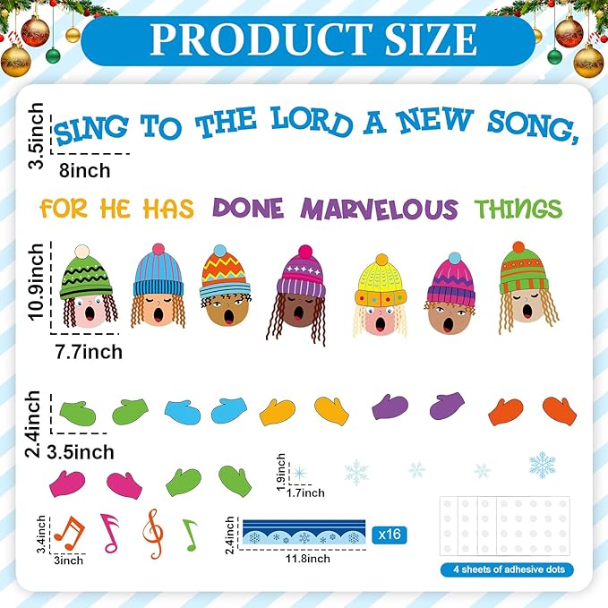 Christmas Religious Bulletin Board Decorations Set Xmas Bulletin Board Winter Hats Choir Cutouts Sing a Song to The Lord Classroom Sunday School Home Chalkboard Wall Holiday Party Decor Supplies