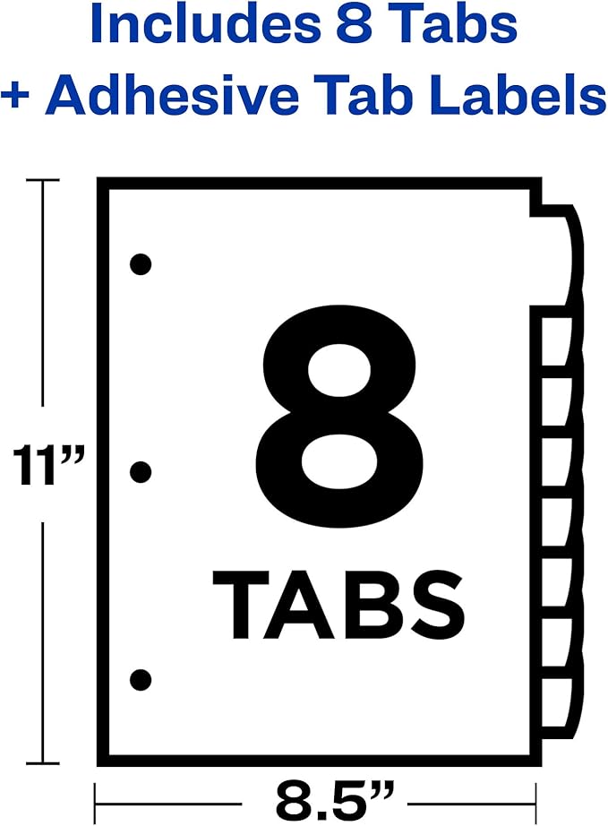 Avery Ultralast Big Tab Plastic Dividers for 3 Ring Binders, 8-Tab Sets, Multicolor with White Labels, 24 Sets, 192 Divider Tabs (24901)