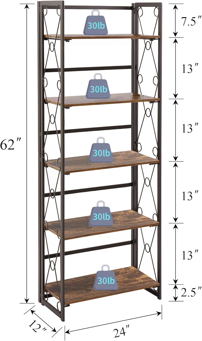 VECELO Folding Bookshelf, 5-Tier Foldable Bookcase Easy Assembly, Industrial Tall Book Shelf Storage Organizer for Living Room/Home Office