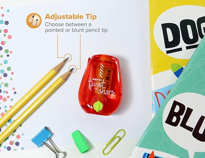 Bostitch Office Twist-n-Sharp Pencil Sharpener, for Kids & Colored Pencils, Assorted Colors (PS1-RED-EC)