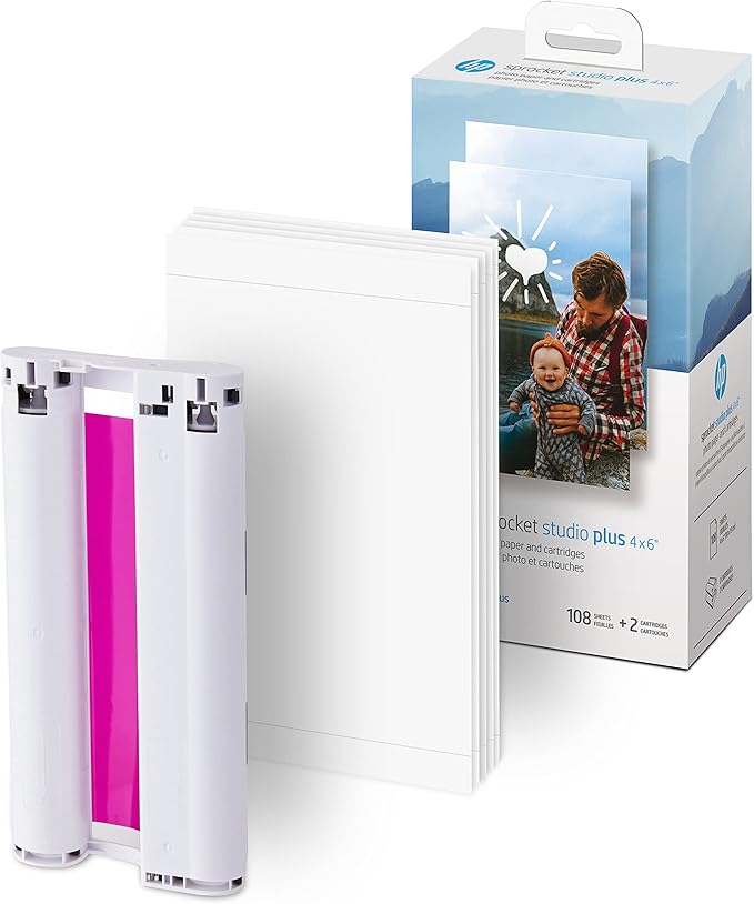 HP Sprocket Studio Plus 4 x 6” Photo Paper and Cartridges Starter Bundle: Includes 108 Sheets and 2 Cartridges, Sticker Frames, Photo Album - Compatible only Sprocket Studio Plus.