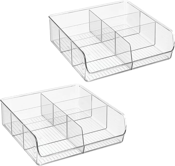 mDesign Plastic Home Office Wide Bin Organizer with 6 Compartments for Cabinets, Closets, Drawers, Desks, Tables, Workspace - Staple, Notepad, Paperclip Holder - Ligne Collection - 2 Pack - Clear
