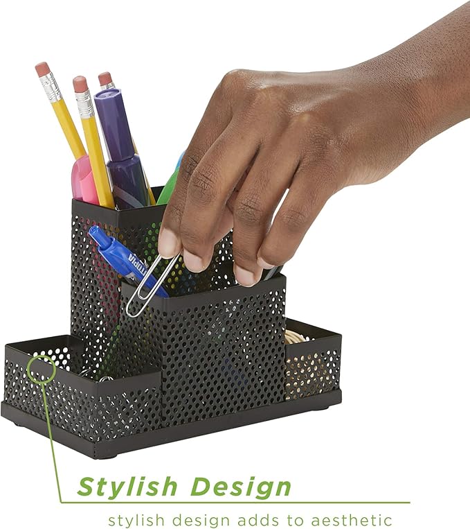 Mind Reader Desk Organizer [4-Compartment, 2-Piece Same Set] - Supplies and Accessories Storage Organizer for Office Desk with Pencil and Pen Cup and Paper Clip Holder (Black)