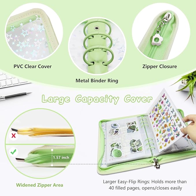 Sticker Organizer Binder - Reusable Sticker Collecting Book Storage Album Holder with Pocket Pages A5 Zipper Cover Collection Container (Green)