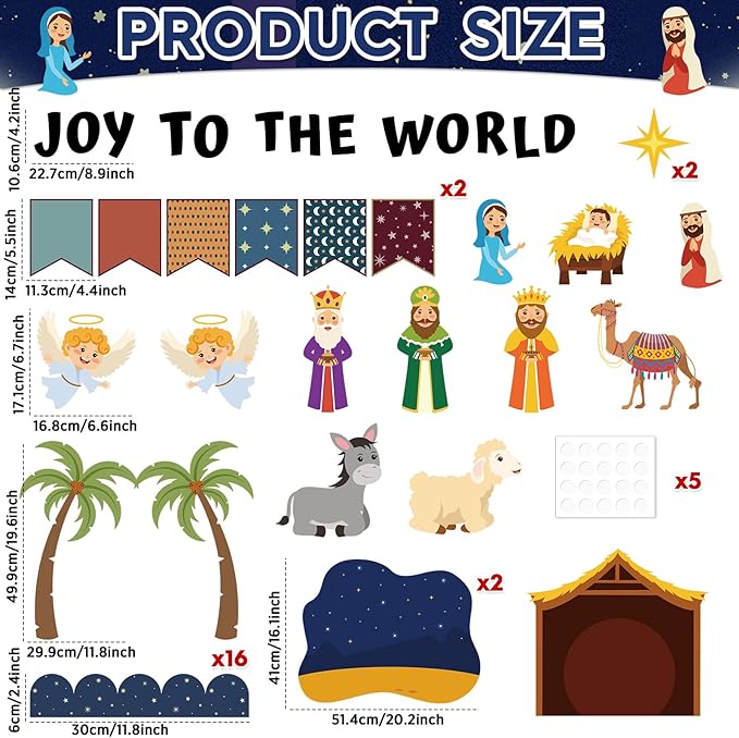 Christmas Nativity Scene Bulletin Board Set Christian Jesus Birth Classroom Decoration Joy to The World Bulletin Board Religious Paper Cutouts for Sunday School Classroom Church Chalkboard Wall Decor