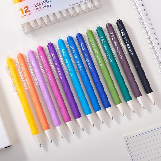 ParKoo Erasable Gel Pens, 12 Colors Retractable Erasable Colored Pens Fine Point 0.7mm, Make Mistakes Disappear, Assorted Color Inks for Drawing Coloring Writing Planner
