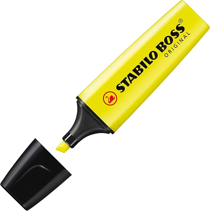 STABILO Highlighter BOSS ORIGINAL - Pack of 4 - Yellow, Orange, Green, Pink, Chisel Tip, Anti-Dry Out Technology