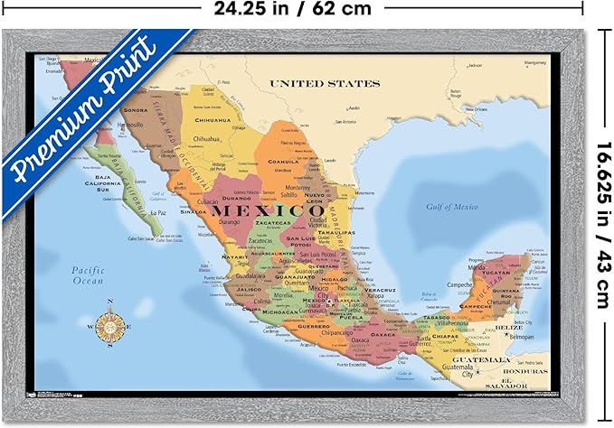 Map - Mexico Wall Poster, 22.4L" x 14.7W", Gray Framed Version