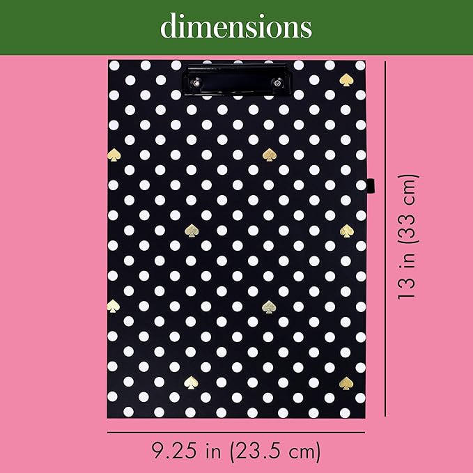 Kate Spade New York A4 Clipboard Folio with Low Profile Clip, Black Professional Padfolio Includes Lined Notepad, Pen Loop, and Pocket, Polka Dots