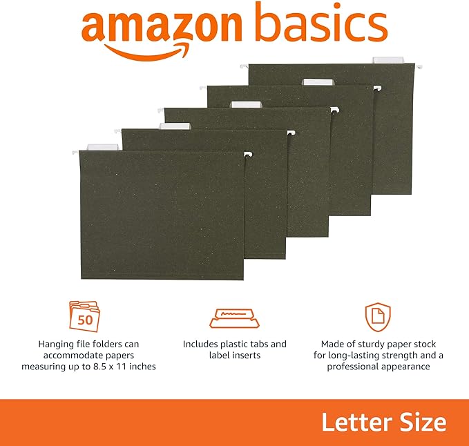 Amazon Basics Hanging File Folders for Documents, Letter Size, 1/5-Cut Adjustable Tabs, Standard Green, 50 Count